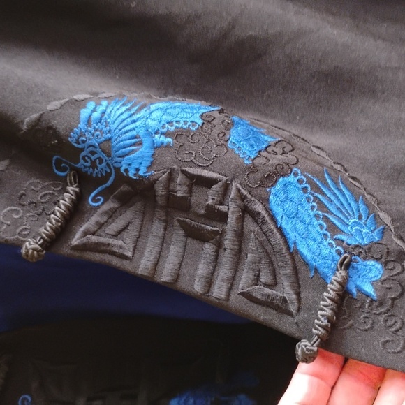 π Vintage Chinese 100% Dragon COBALT BLUE Embroidered KIMONO SHIRT Sz XL EVC - Picture 4 of 13